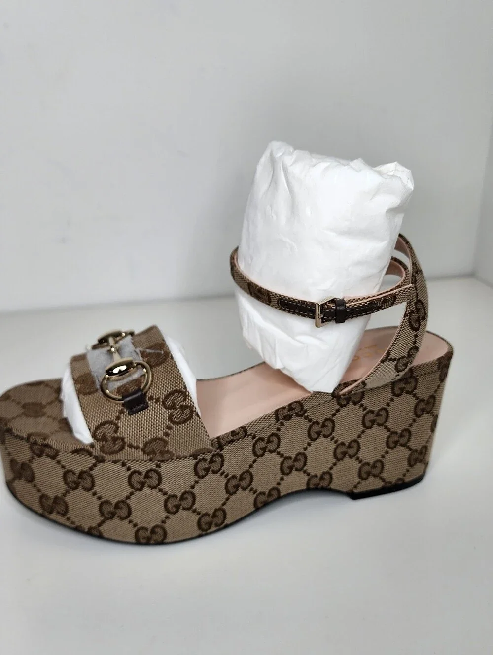 Gucci Lady Horsebit Tan Monogram Platform Wedges Sandals Size 36